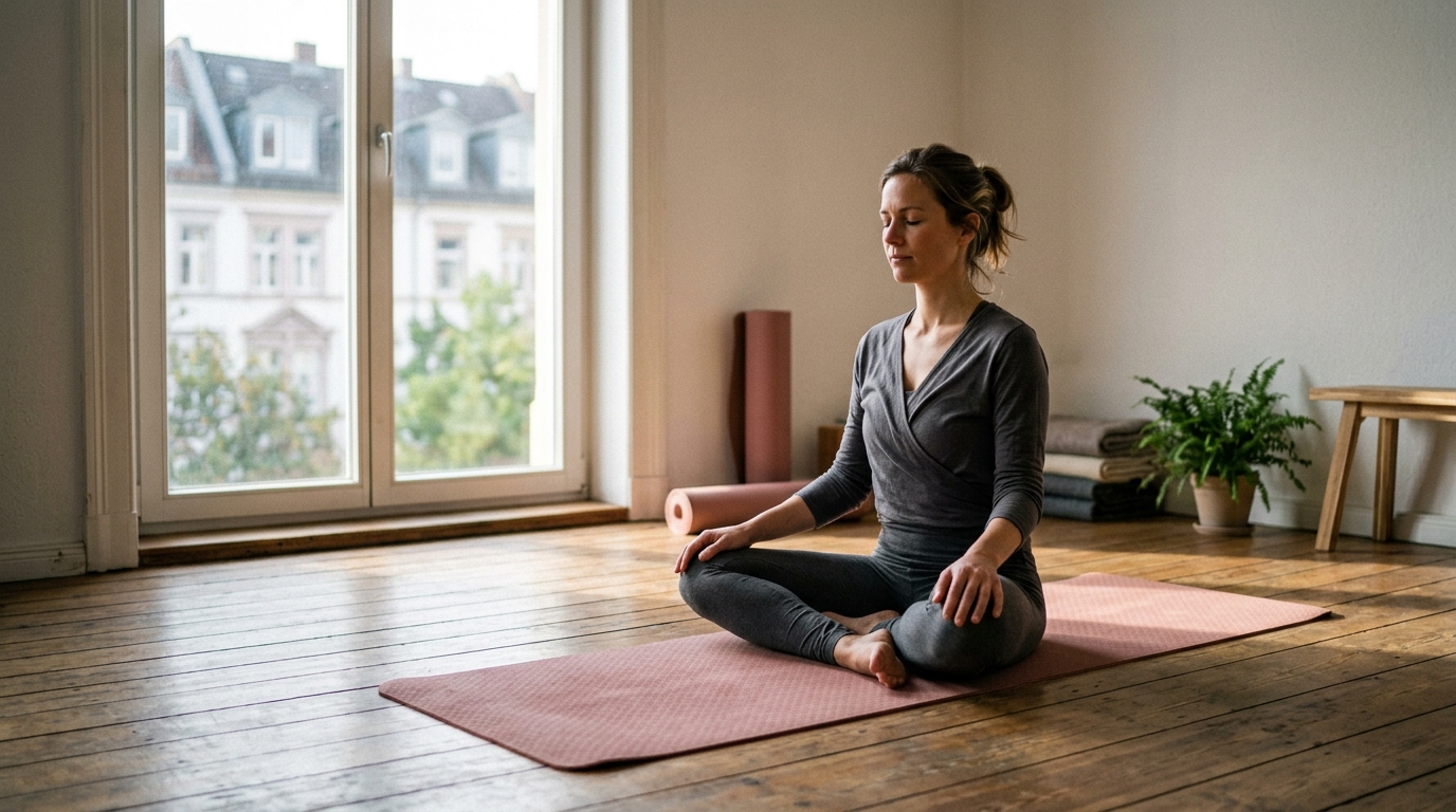 Stilles Yogastudio in Frankfurt im Morgenlicht