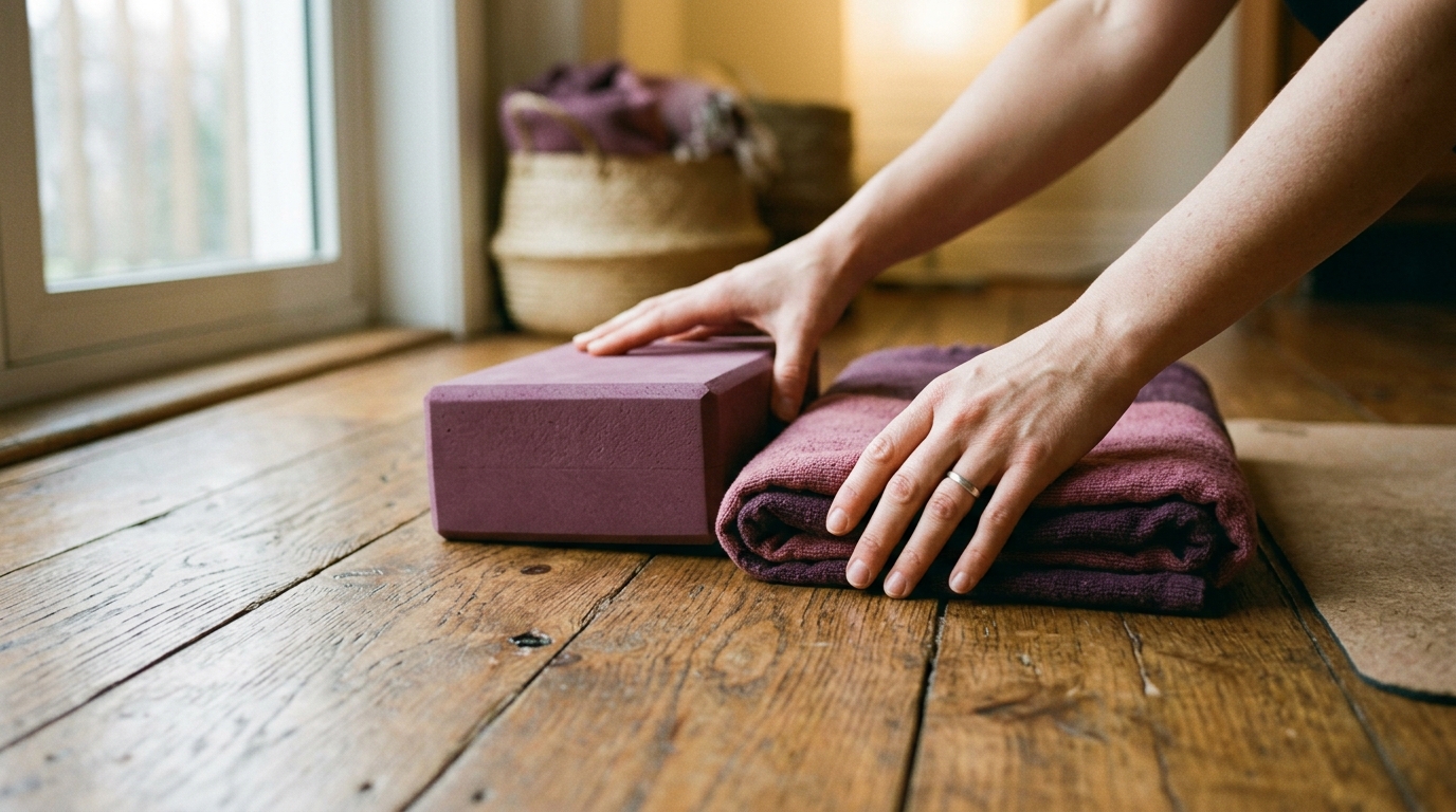 Decke und Yoga-Block auf einem Holzboden in Frankfurt